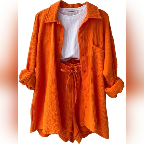 Joanna Button Up Shirt & Shorts Set - Orange - Picture 4 of 7